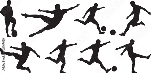 Soccer players silhouettes, dynamic poses, kicking ball, jumping, running, athletic movements, black and white, high contrast, vector style, action shots, sports illustration