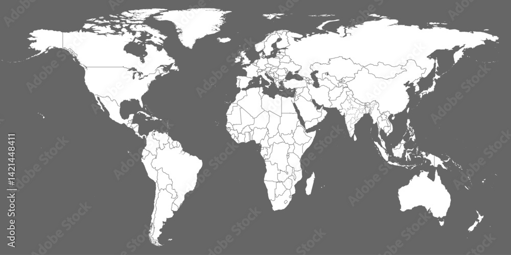 Naklejka premium World Map vector. White similar world map blank vector on gray background. White similar world map with borders of all countries and States of India map. High quality world map. EPS10.