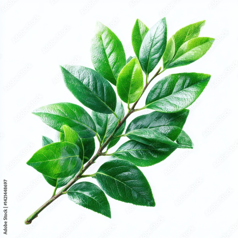 Fototapeta premium Branch with vibrant green leaves on a bright background