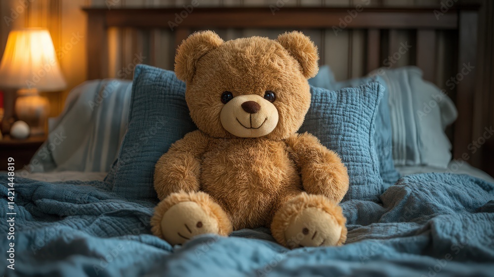 A comforting teddy bear perched on a quilted blue bed, illuminated by bedside lamp A comforting teddy bear perched on a quilted blue bed, illuminated by bedside lamp