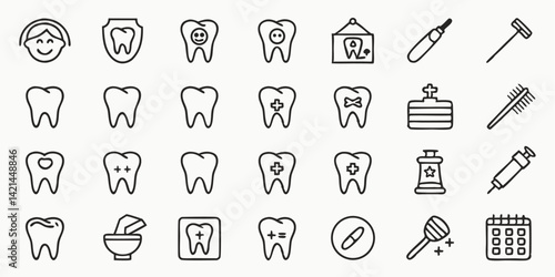 Dental Care Vector Icons Set with Tooth, Dentist Tools, Medical and Health Symbols