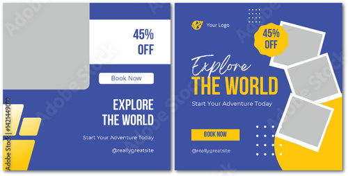 Promotional post for world travel agency with offer and call to action button