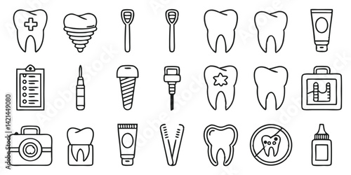 Dental Care Vector Icons Set with Tooth, Toothbrush, Dentist Tools, and Hygiene