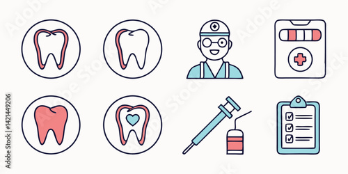 Dental Health Care Vector with Tooth Icons, Dentist, Syringe, Test Tube, and Medical Report