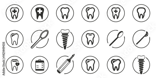 Dental Care Vector Icons Set with Tooth, Implant, Dentist Tools, and Medical Symbols