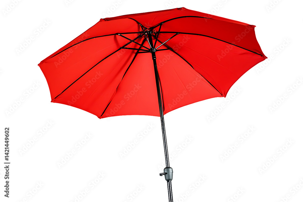 Vibrant Red Patio Umbrella: Open Canopy, Metal Frame, Bright Color, Isolated on White Vibrant Red Patio Umbrella: Open Canopy, Metal Frame, Bright Color, Isolated on White