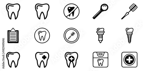 Dental Care Vector Icons Set with Tooth, Magnifying Glass, Mirror, and Tools