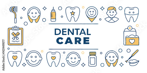 Dental Care Vector Illustration with Toothbrush, Toothpaste, Dentist Tools, and Smiling Faces