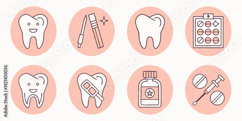Dental Care Vector Icons Set with Toothbrush, Toothpaste, Pills, and Medicine