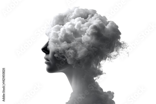 Captivating silhouette of a woman with clouds merging into her head, symbolizing creativity and inspiration. Perfect for projects related to imagination, dreams, and mental health themes.