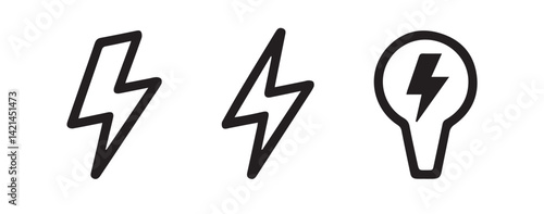 Power of Illumination: A collection of bold lightning bolt illustrations showcasing energy, speed, and the spark of innovation, ideal for representing electric power and innovation.