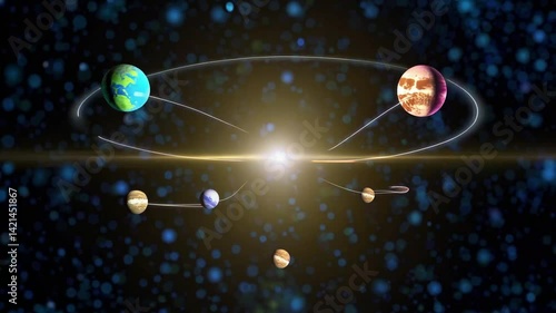 Vibrant Colorful Digital Illustration of Planetary System with Orbiting Planets and Rings in Space Environment