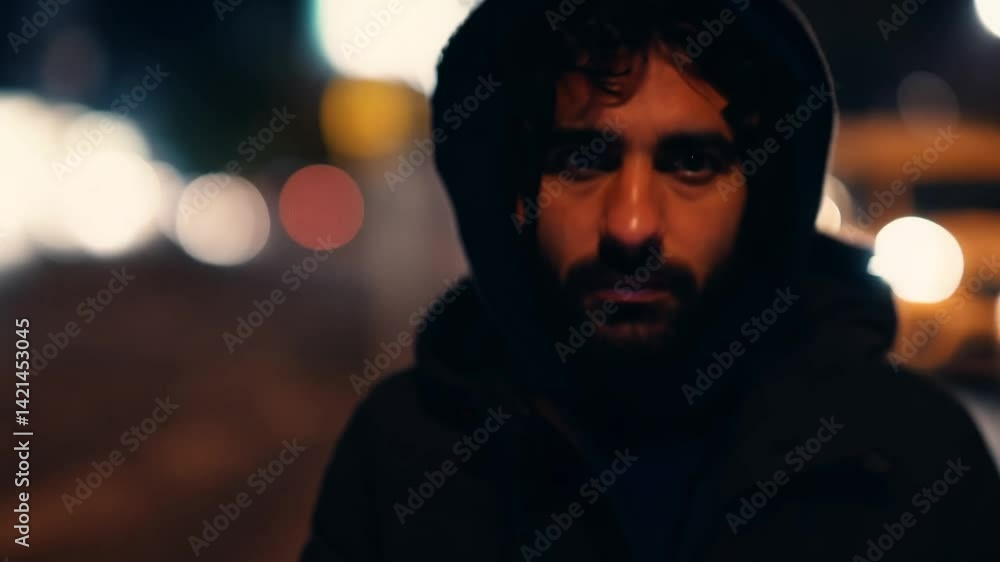 Fast tracking video through the urban night, locking onto a homeless person whose defiant eyes meet the camera under a single harsh spotlight Fast tracking video through the urban night, locking onto a homeless person whose defiant eyes meet the camera under a single harsh spotlight