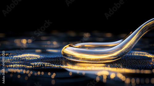 Sleek golden liquid flowing on digital surface studio setting abstract art macroscopic view technology concept