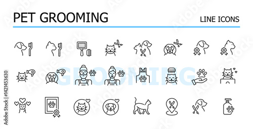 Pet grooming and care. Vector icons set