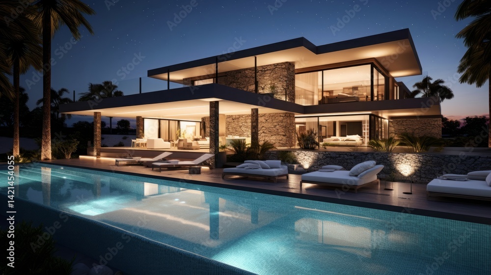Fototapeta premium Modern villa with pool, night scene