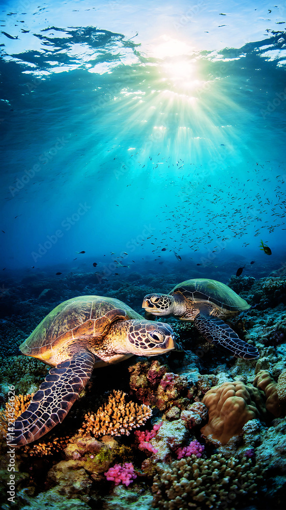 Naklejka premium A green sea turtle swims gracefully underwater near a vibrant coral reef teeming with tropical fish in the deep blue ocean