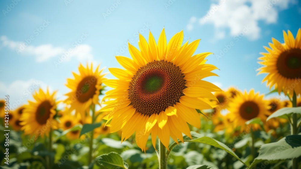 Bright and Cheerful Sunflower Field Under Clear Blue Sky with Fluffy Clouds Bright and Cheerful Sunflower Field Under Clear Blue Sky with Fluffy Clouds