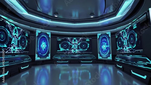 Futuristic digital control room with glowing blue interfaces and advanced technology showcasing high-tech design