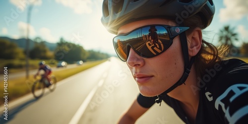 Obraz na płótnie Close-Up Portrait of Cyclist Wearing Sunglasses on Scenic Outdoor Road During Daylight Ride w salonie