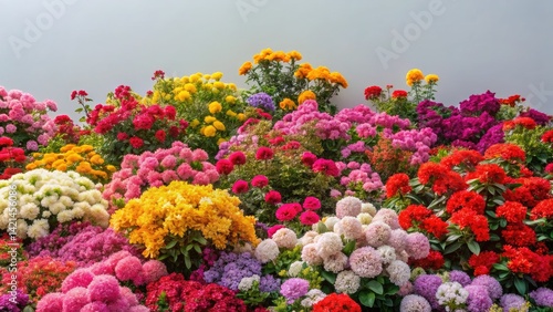 Aerial Drone Shot: Vibrant Flower Clusters, Colorful Bush Blooms, Gray Sky Background