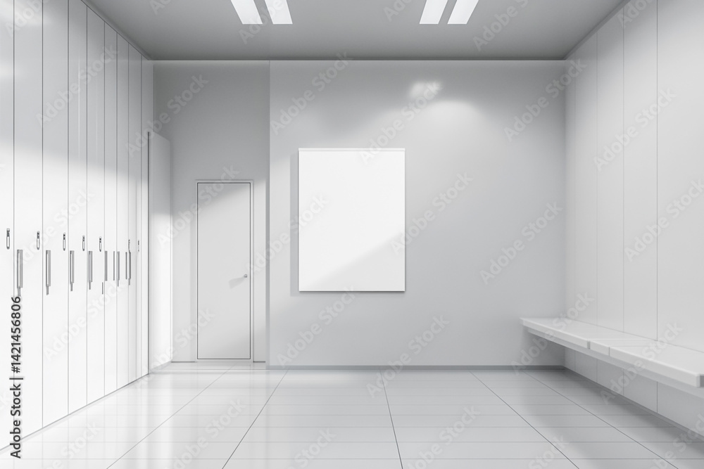 Fototapeta premium Minimalist white room interior design with lockers a door and a blank sign