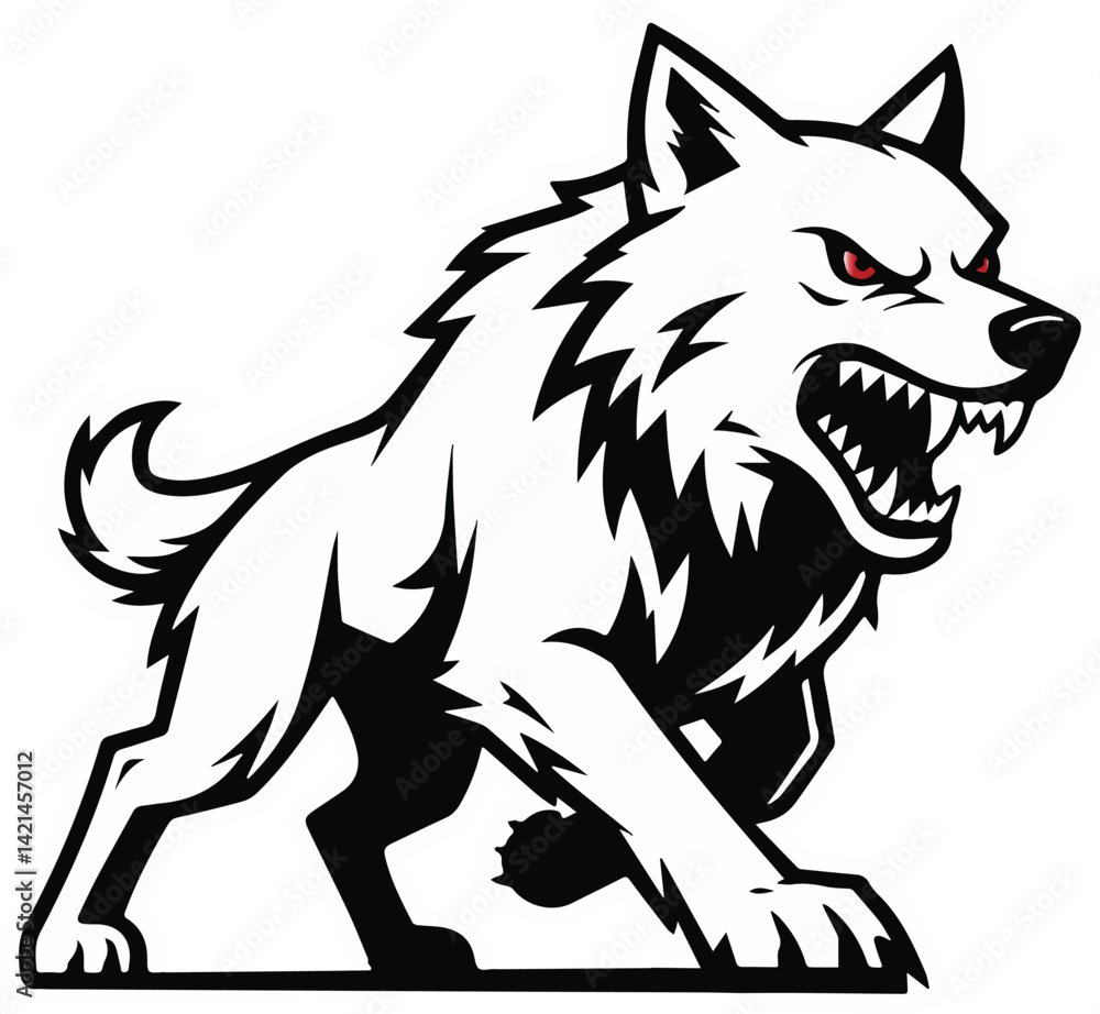 Obraz premium Dynamic wolf vector logo, monochrome design, fierce expression, scalable art, transparent background, suits creative projects