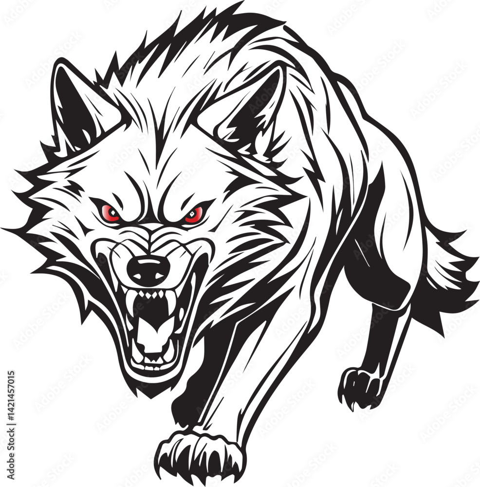 Obraz premium Fierce monochrome wolf illustration, bold vector logo, snarling predator, high-contrast design, ideal for modern branding