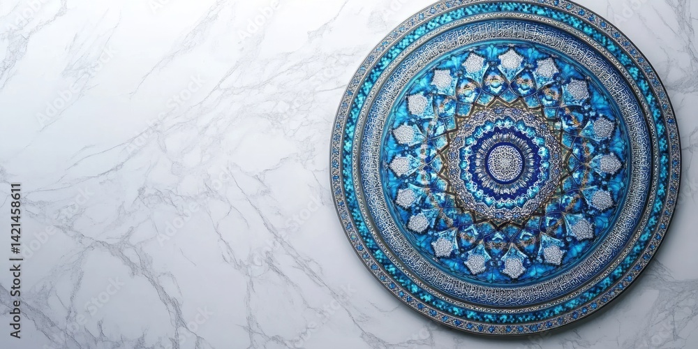 Obraz premium Intricate blue decorative plate with detailed geometric patterns rests serenely