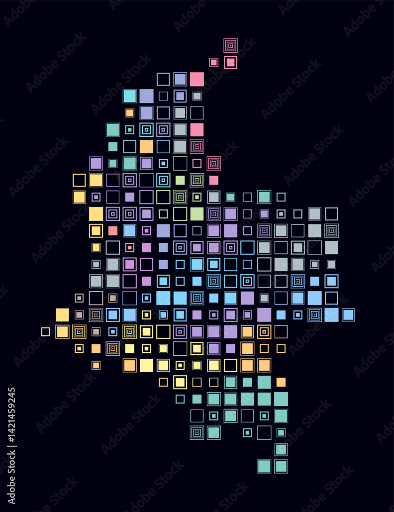 Colombia, shape of the country built of colored cells. Digital style map of Colombia on a dark background. Large size square blocks. Simple vector illustration. Colombia, shape of the country built of colored cells. Digital style map of Colombia on a dark background. Large size square blocks. Simple vector illustration.