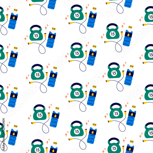 Seamless pattern with gym inventory elements