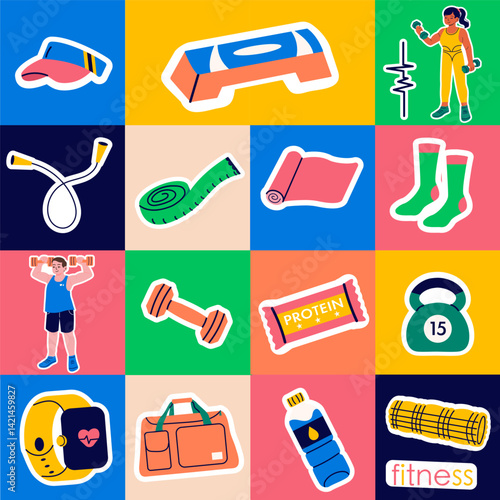 Seamless pattern stickers of fitness gym inventory elements, people doing sports