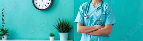A clock on the wall beside care hour reminders and a calm CNA posture