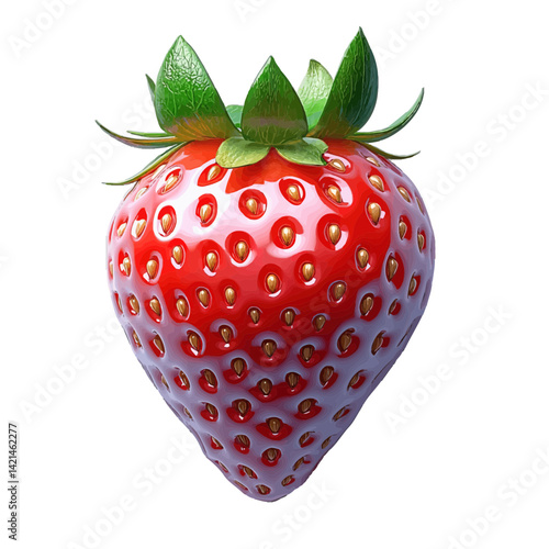 Volumetric illustration showcasing a realistic strawberry with vibrant red color and green leaves exhibiting natural details