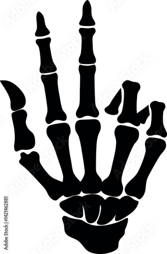 Black Skeleton Hand Gesture, Three Fingers Extended, White Background, Anatomical Sign