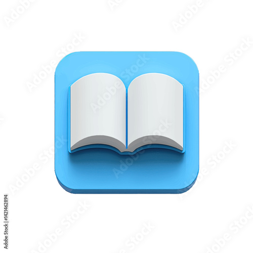 Volumetric illustration of an open ebook reader displayed on a blue background showcasing a modern digital reading experience