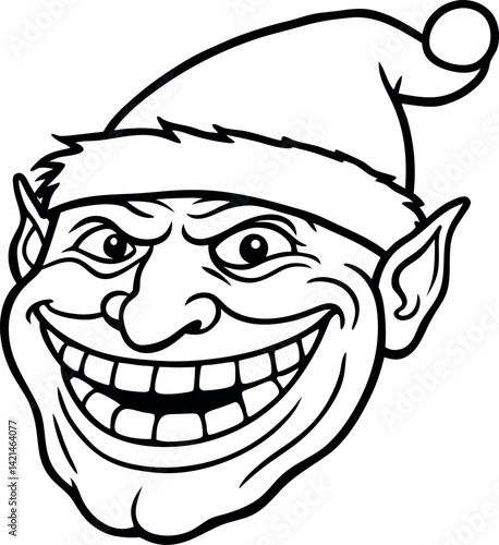 Cartoon Mischievous Elf with Santa Hat, Wide Grin, Bold Outline, Cheeky Character