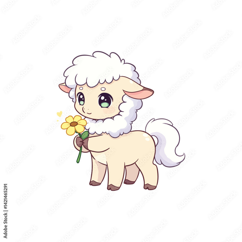 Fototapeta premium Cute Cartoon Sheep Holding Yellow Flower