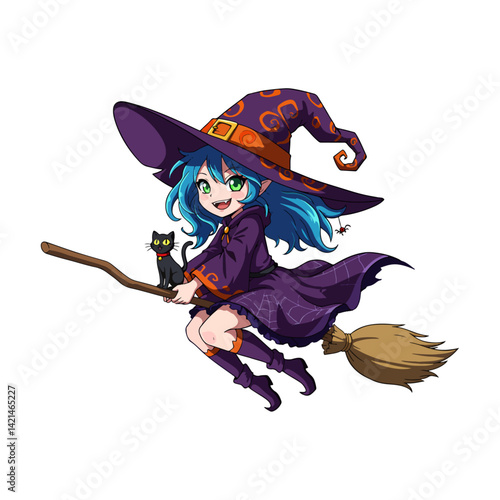 Purple-Haired Witch Flying on a Broomstick Vector Art