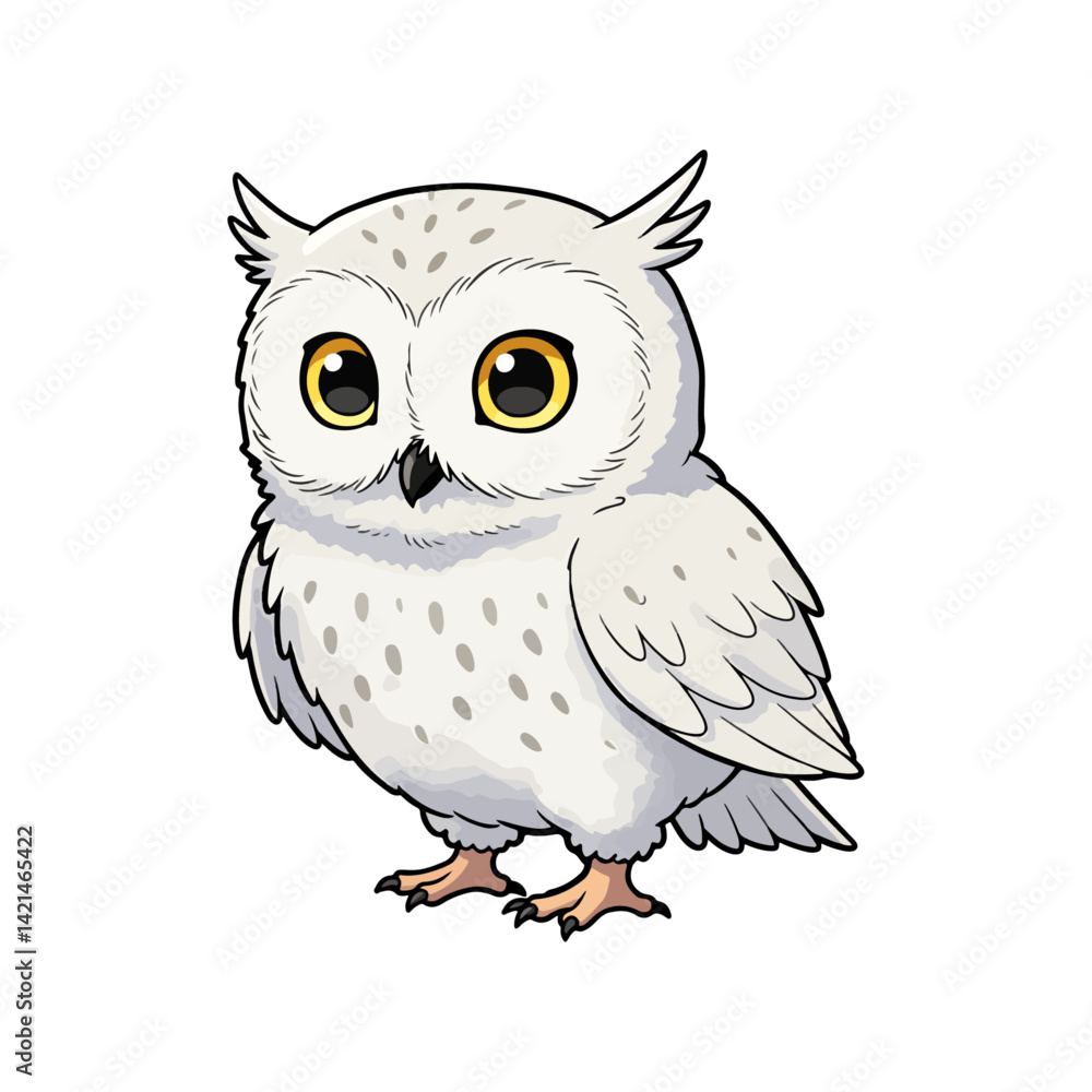 Fototapeta premium Adorable Cartoon White Owl with Large Yellow Eyes Vector Illustratio
