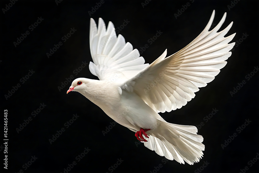 Fototapeta premium white dove on black background, Dove in Flight Isolated on Black Background