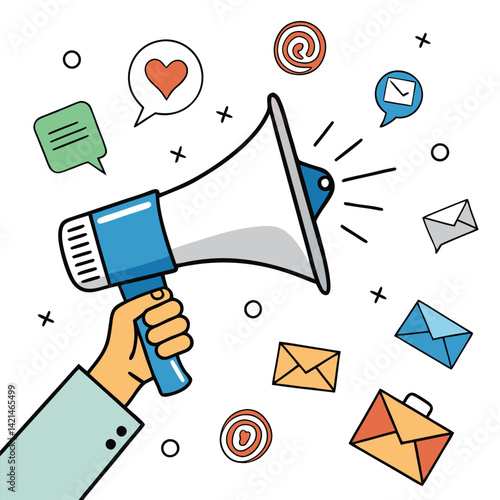 Hand holding a megaphone with social media icons
