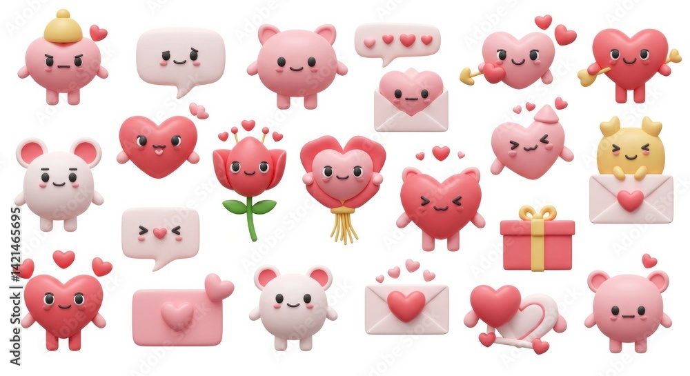 Cute Pink Hearts And Animal Characters 3D Render Valentine's Day Illustration Cute Pink Hearts And Animal Characters 3D Render Valentine's Day Illustration