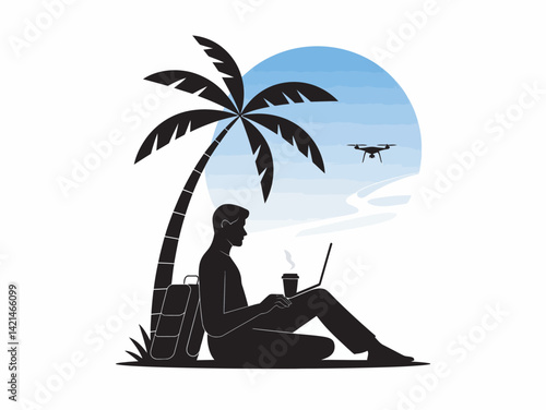 Freelancer working remotely on beach with laptop, silhouette vector