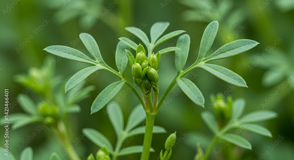 Obraz premium Detailed Botanical Close Up of Green Cress Lepidium Sativum Depicting Leaf Structure and Seed Pods with Fresh New Growth in Natural Light Perfect for Earth Day