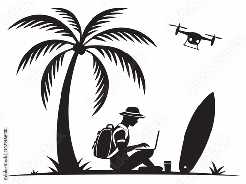 Freelancer working remotely on beach with laptop, silhouette vector