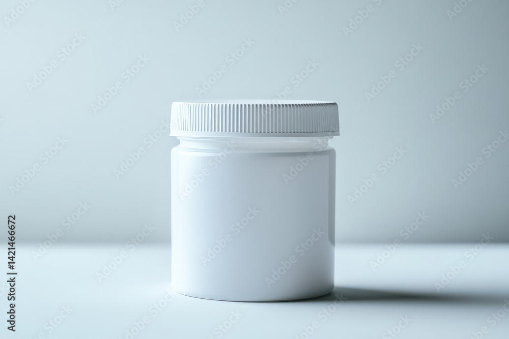 White plastic pill or supplement bottle mockup on light background White plastic pill or supplement bottle mockup on light background