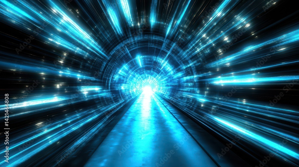 A futuristic, light-streaked tunnel leads to a brilliant center. A futuristic, light-streaked tunnel leads to a brilliant center.