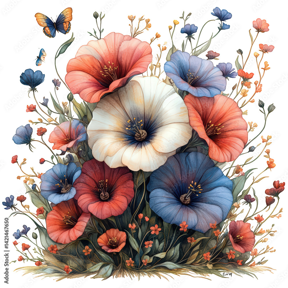 custom made wallpaper toronto digitalVibrant Hues: A Digital Painting of Red, White, and Blue Trumpet Flowers in Full Bloom