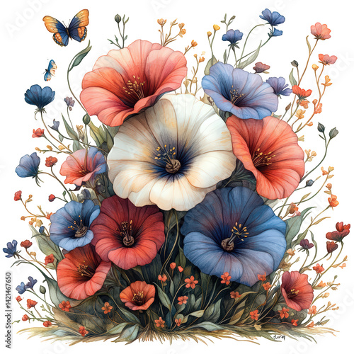 Wallpaper Mural Vibrant Hues: A Digital Painting of Red, White, and Blue Trumpet Flowers in Full Bloom Torontodigital.ca